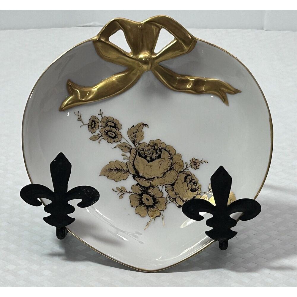 VTG 5.5” Porcelain Heart Sara Allen 75’‎ Hand Painted Gold Flowers Bow Trinket